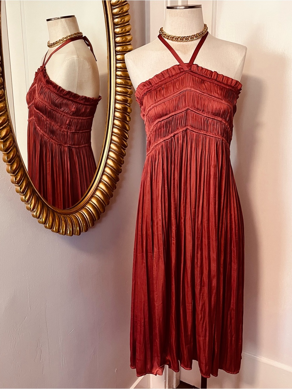 Bohemian Revival Deep Rust Red Halter Midi Dress, Sz. XS/S